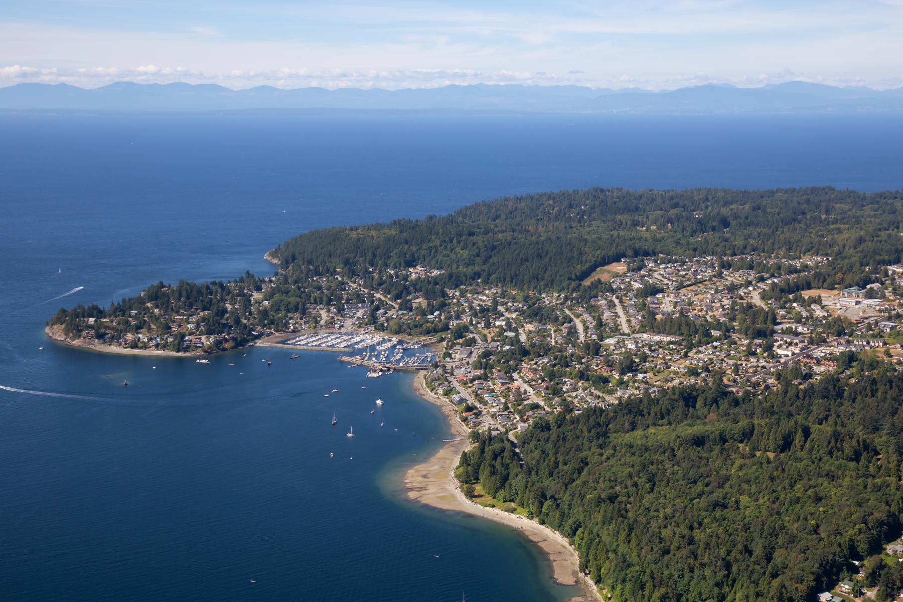Aerial view of Gibsons and Pacific ocean.