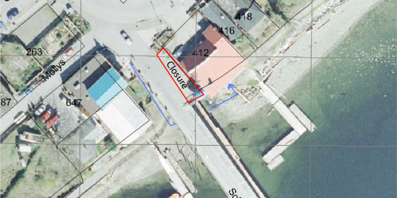 An aerial map showing where the closure is and that you can access Gramma's pub from the lower seawalk.