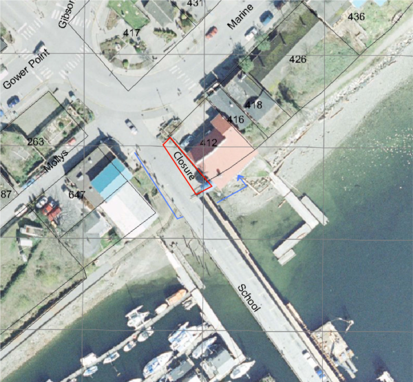 An aerial map showing where the closure is and that you can access Gramma's pub from the lower seawalk.